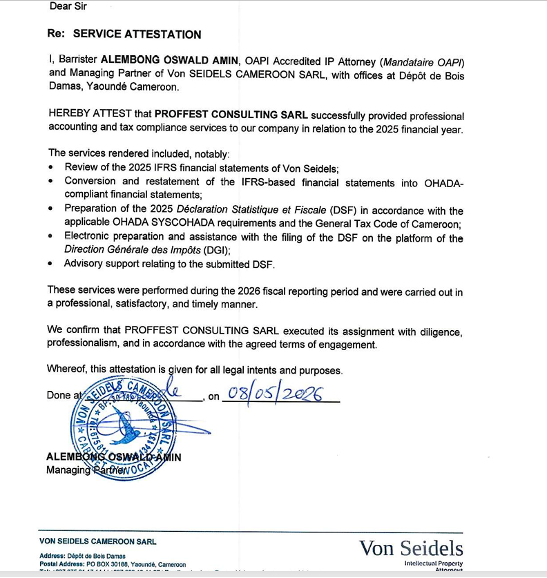 VON SEIDELS Attestation